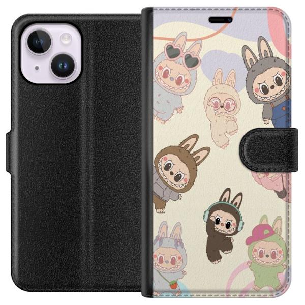 Apple iPhone 15 Plus Plånboksfodral Labubu Pop Mart Kollektion Motiv Figur Samling Design Populärt Art Toy Pop Mart Kreativ Grafiskt