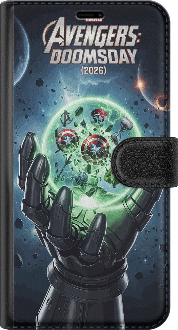 Kompatibel Tegnebogsetui til Apple iPhone X Sort metalhånd, der holder en lysende grøn kugle under Avengers: Doomsday-titlen grøn