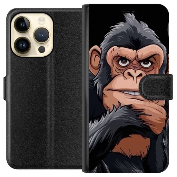 Kompatibel Tegnebogsetui til Apple iPhone 15 Pro Illustreret chimpanse med cigar, der viser langfingeren mod sort baggrund sort