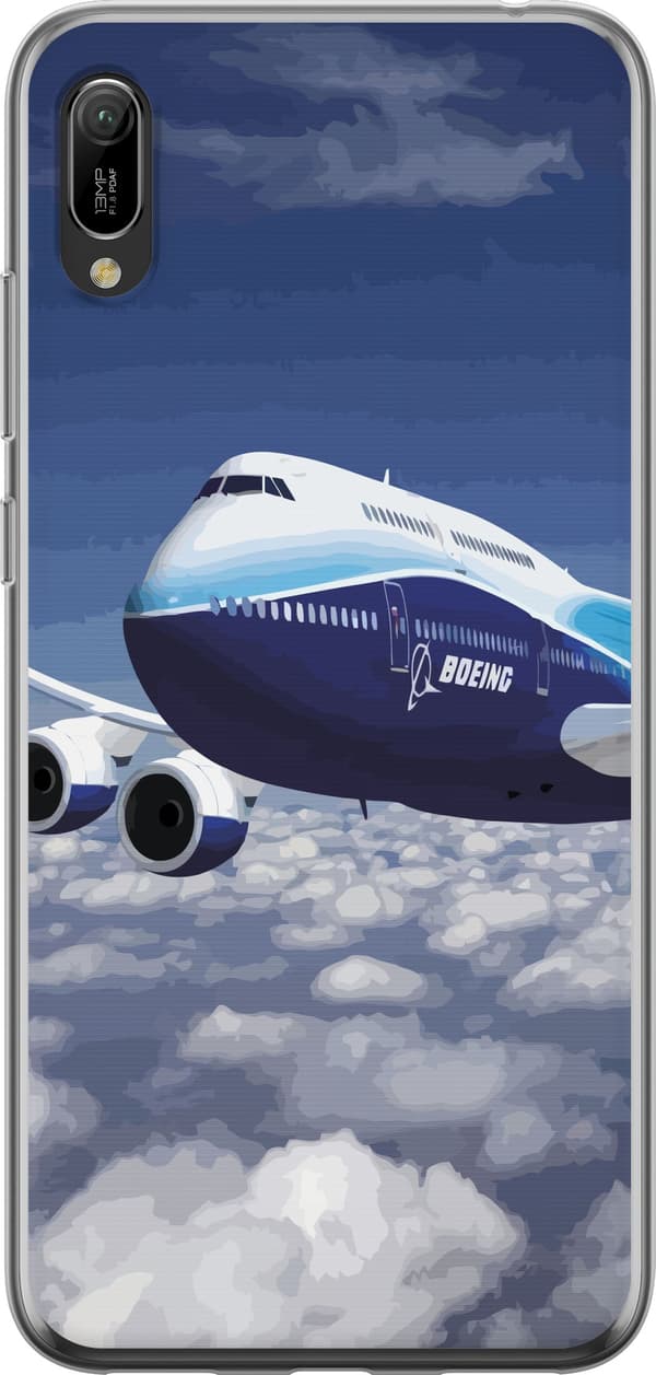 Kompatibelt Mobildeksel til Huawei Y6 Pro (2019) Blåhvitt passasjerfly over skyer under en blå himmel blå