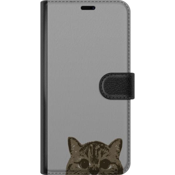 Kompatibel Tegnebogsetui til Apple iPhone 13 mini Grå Katteblik - stilfuld kat design med grå baggrund