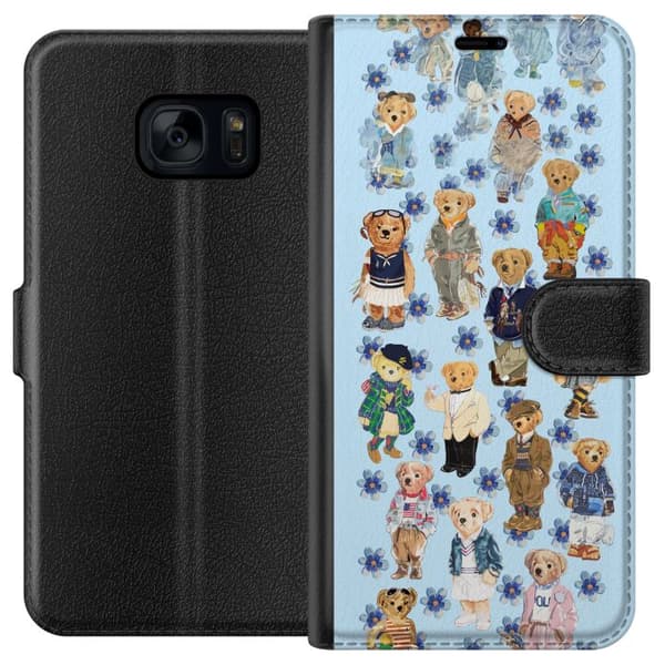 Kompatibel Tegnebogsetui til Samsung Galaxy S7 Søde bamser i trendy tøj med blå blomster blå