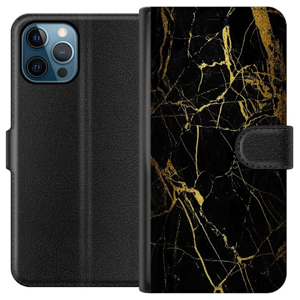 Apple iPhone 12 Pro Max Lompakkokotelo Marmori Musta & Kulta