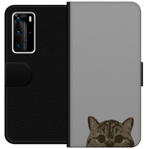 Huawei P40 Pro Tegnebogsetui Grå Katteblik - stilfuld kat design med grå baggrund
