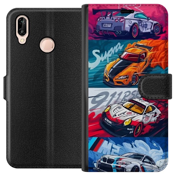 Huawei P20 lite Lompakkokotelo Nopeat Autot - Piirretty Kuvio