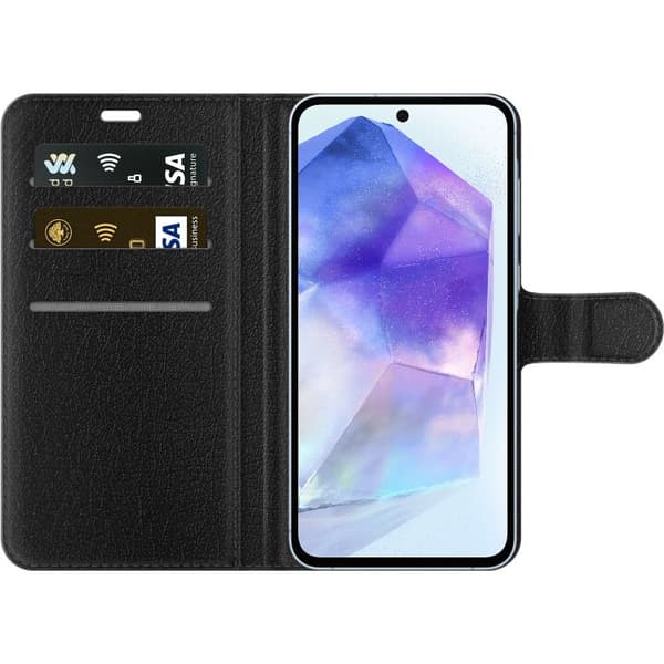Kompatibelt Lommeboketui til Samsung Galaxy A55 Blått luksuriøst monogrammønster med elegant preget tekstur blå