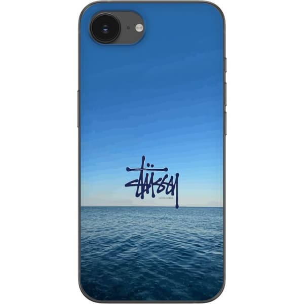 Kompatibelt Mobildeksel til Apple iPhone 16e Havspanorama med blå himmel og stilig surf-inspirert logo blå