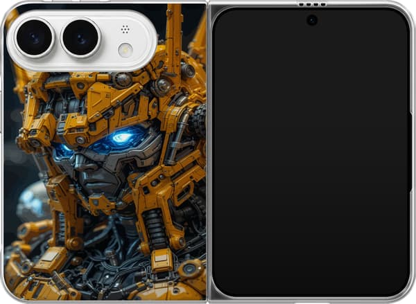 Kompatibelt Mobildeksel til Apple iPhone Duo Detaljert gult robothode med blå øyne og mekaniske paneler gul