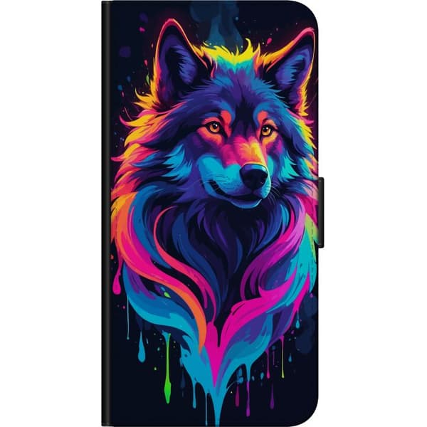 Kompatibel Tegnebogsetui til OnePlus 9 Pro Regnbueulvekunst i farverig Neon Splash-stil