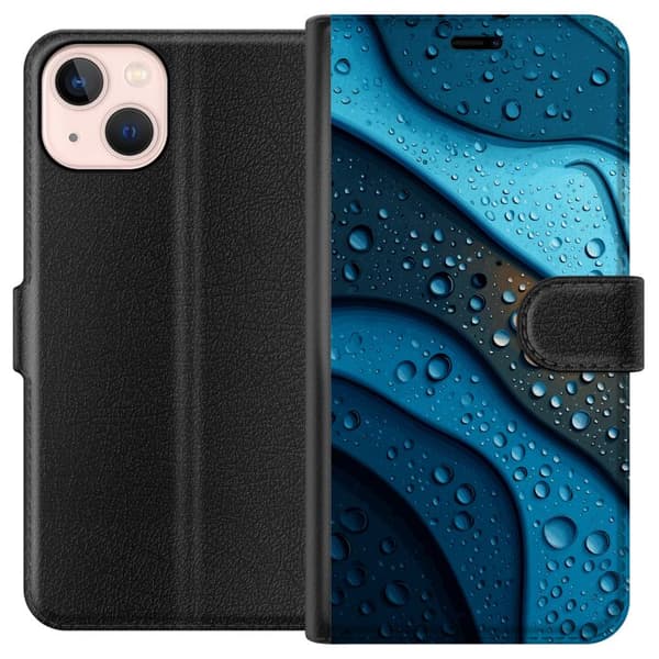 Kompatibelt Lommeboketui til Apple iPhone 13 mini Blå abstrakte bølger med glitrende vanndråper i moderne grafisk design blå