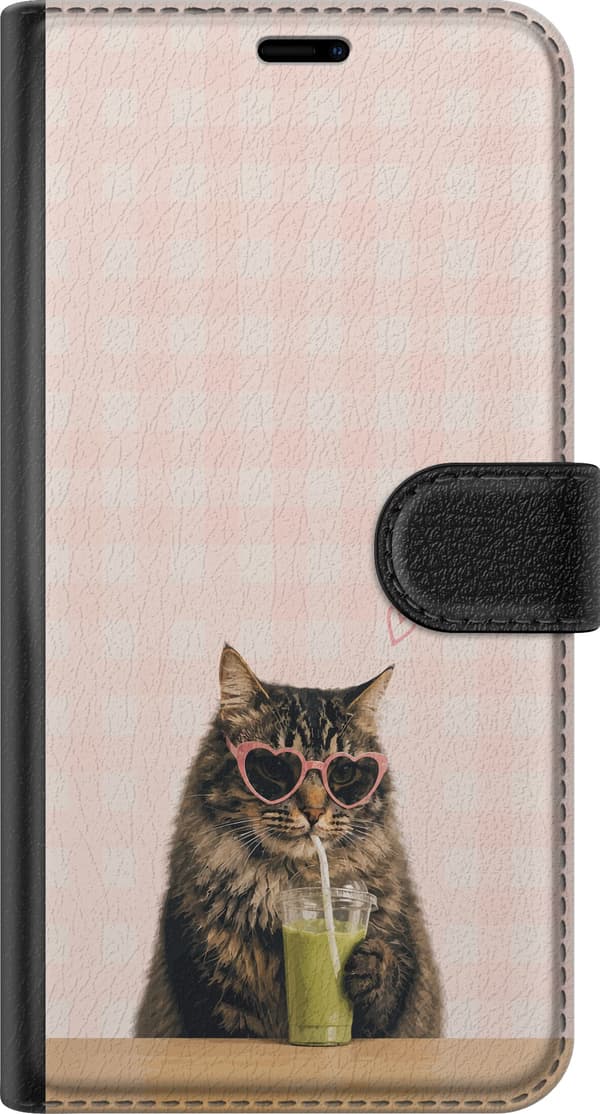 Kompatibel Tegnebogsetui til OnePlus 10 Pro Sjovt kattemotiv med lyserøde hjerteformede solbriller og grøn smoothie på lyserød ternet baggrund pink