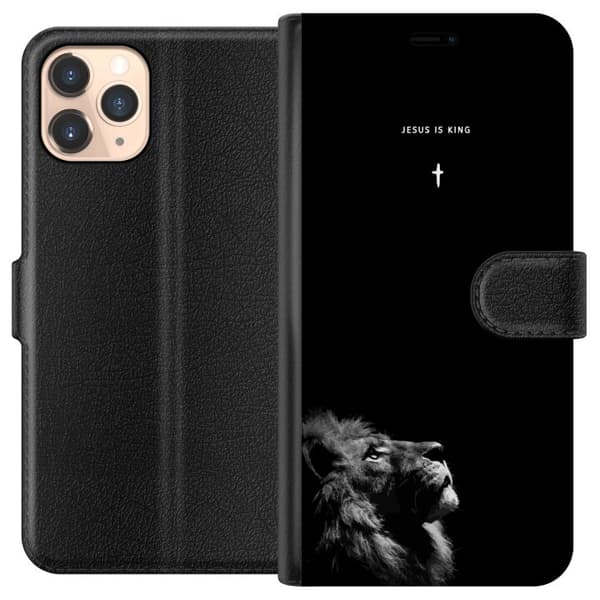 Kompatibel Tegnebogsetui til Apple iPhone 11 Pro Lejon med Jesus is King citat sort