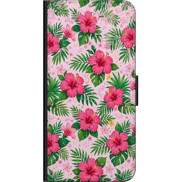 Kompatibel Tegnebogsetui til Huawei P40 lite E Lyserøde hibiscusblomster med grønne tropiske blade på en lyserød baggrund pink