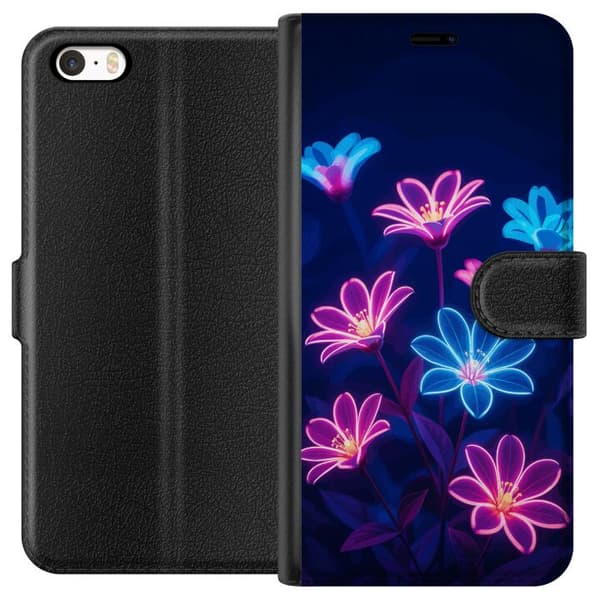 Kompatibel Tegnebogsetui til Apple iPhone 5s Blåt og lyserødt motiv med lysende neonblomster mod mørk baggrund blå