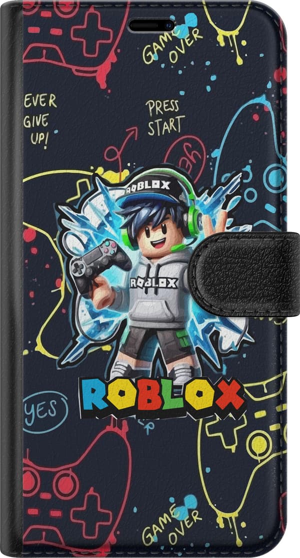 Kompatibel Tegnebogsetui til Apple iPhone 15 Plus Gamerfigur med spilcontroller, hovedtelefoner og farverige neonillustrationer sort
