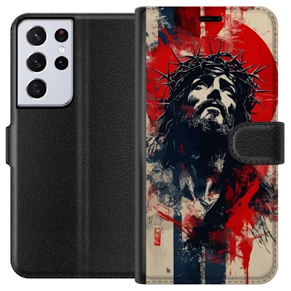 Samsung Galaxy S21 Ultra 5G Lompakkokotelo Jeesus ristillä - kristillinen aihe vahvalla symboliikalla uskosta ja toivosta