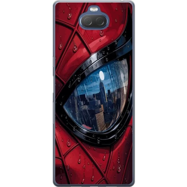 Kompatibelt Mobildeksel til Sony Xperia 10 Plus Nærbilde av Spider-Man-maske med regndråper og byrefleksjon i øyet rød