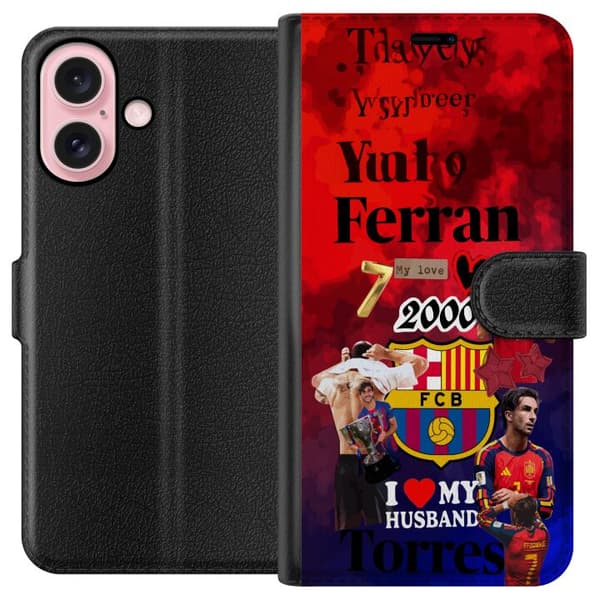 Kompatibel Tegnebogsetui til Apple iPhone 16 Collage med Ferran Torres, Barcelona og Spanien-tema rød