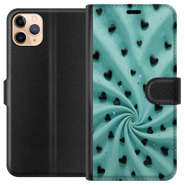 Kompatibel Tegnebogsetui til Apple iPhone 11 Pro Max Turkis hvirvelbaggrund med sorte hjerter og glitrende stjerner turkis
