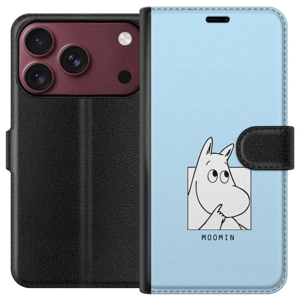 Kompatibel Tegnebogsetui til Apple iPhone 18 Pro Mumitrolden i sort-hvid illustration mod lyseblå baggrund blå