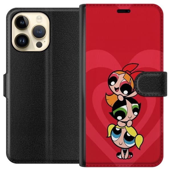 Kompatibel Tegnebogsetui til Apple iPhone 15 Pro Max Powerpuff Pigerne sammen på en rød hjertebaggrund rød