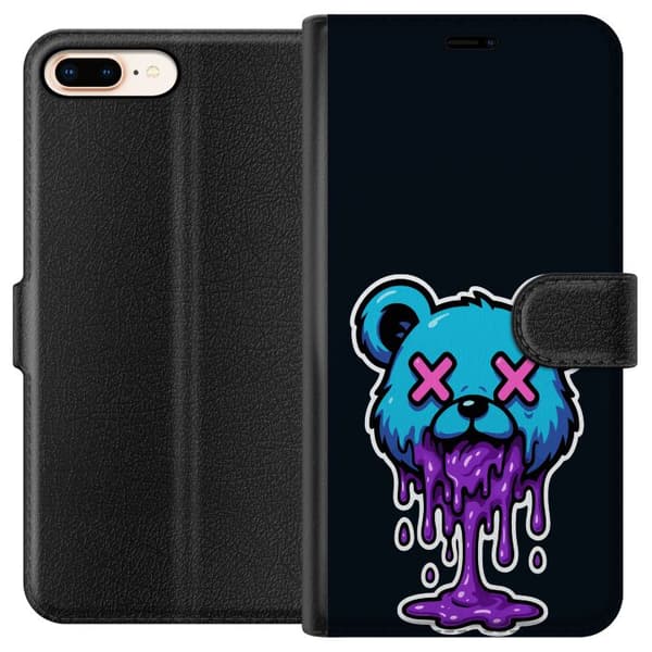 Kompatibel Tegnebogsetui til Apple iPhone 8 Plus Blå illustreret bjørn med lyserøde krydsøjne og lilla dryppende detaljer mod sort baggrund sort
