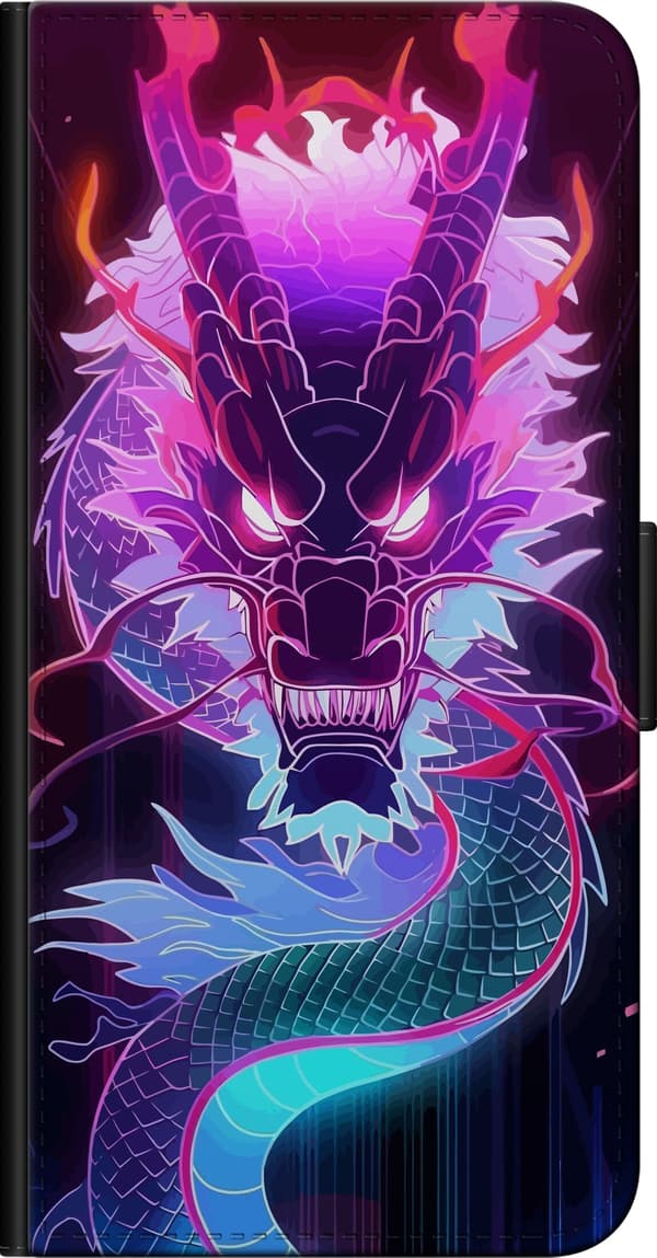Kompatibel Tegnebogsetui til OnePlus 8 Lang blå og lilla drage med lysende lyserødt hoved mod en mørk baggrund lilla