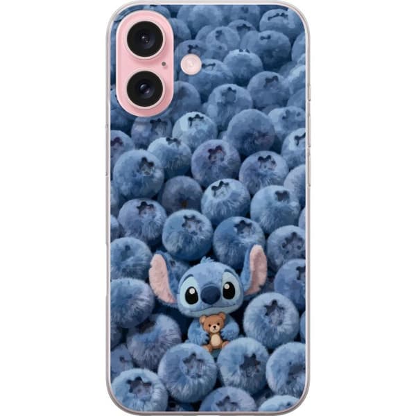 Kompatibel Mobilcover til Apple iPhone 16 Sød, fluffy blå figur med en lille bamse blandt bløde blåbær blå