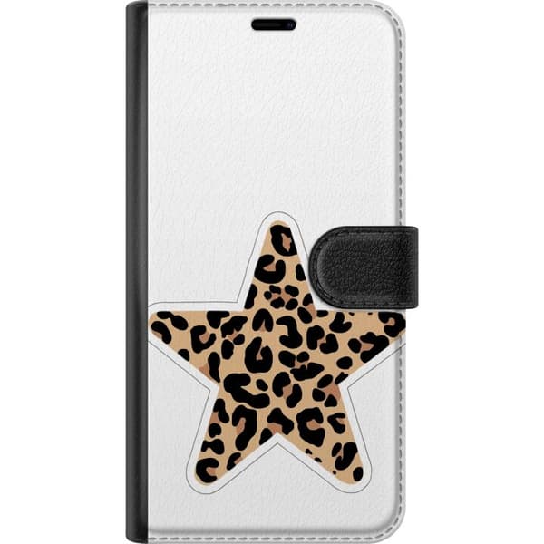 Kompatibel Tegnebogsetui til Apple iPhone 15 Plus Beige stjerne med sort leopardmønster, trendy dyremønster med grafisk form beige