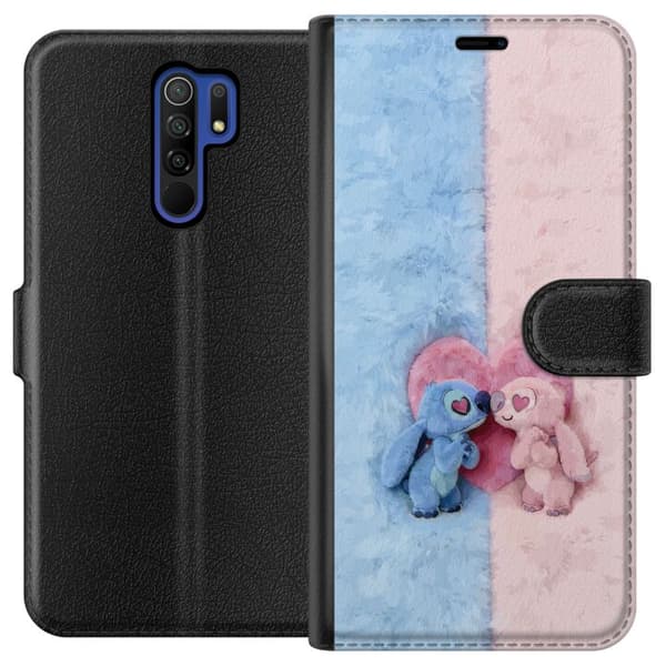 Kompatibel Tegnebogsetui til Xiaomi Redmi 9 Søde blå og lyserøde figurer foran et stort lyserødt hjerte pink