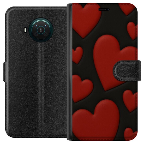 Nokia X10 Lompakkokotelo Punaiset Samettisydämet
