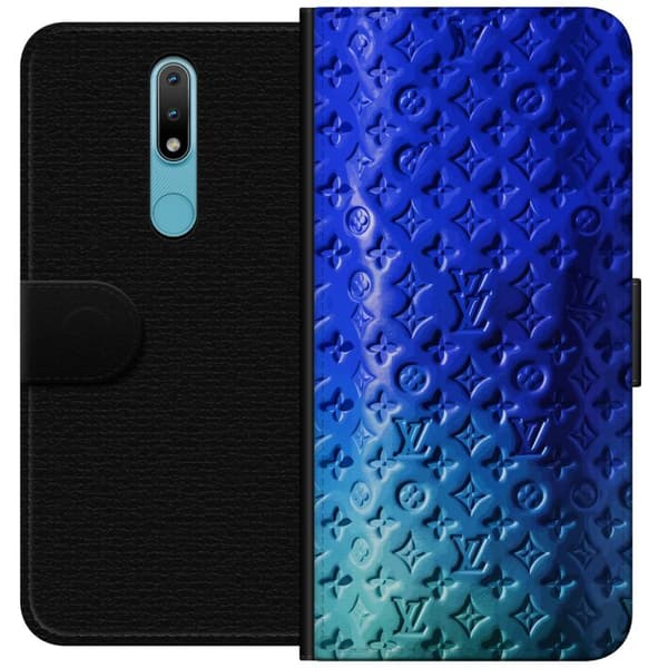 Kompatibelt Lommeboketui til Nokia 2.4 Blått luksuriøst monogrammønster med elegant preget tekstur blå