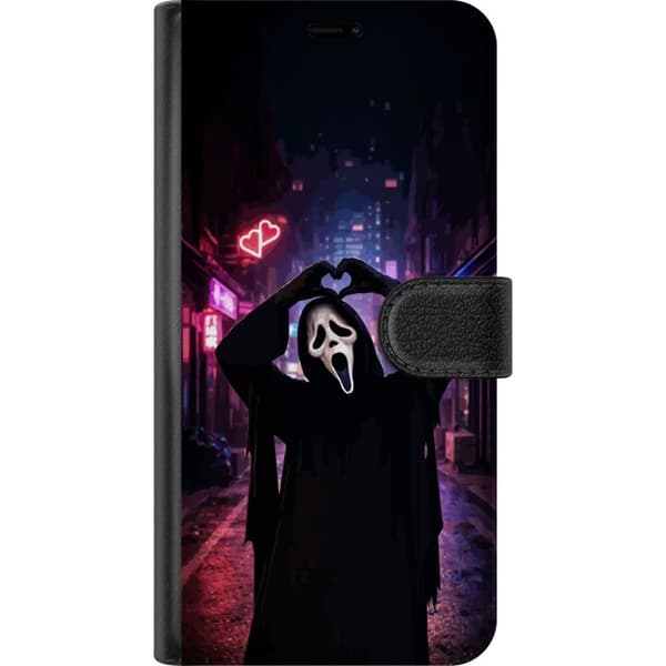 Kompatibel Tegnebogsetui til Apple iPhone 11 Pro Max Sort skrækmotiv med maskeret figur, hjertehænder og neonbelyst by sort