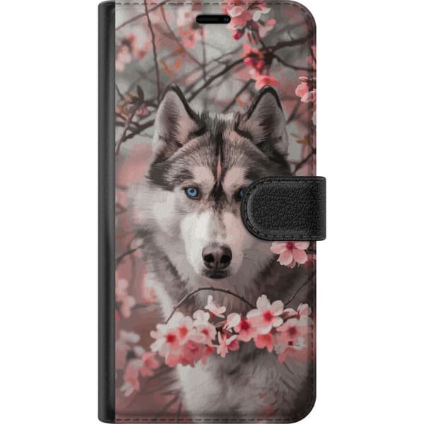 Kompatibelt Lommeboketui til Apple iPhone 18 Pro Max Husky blant rosa blomster - hundemotiv i grått og rosa grå