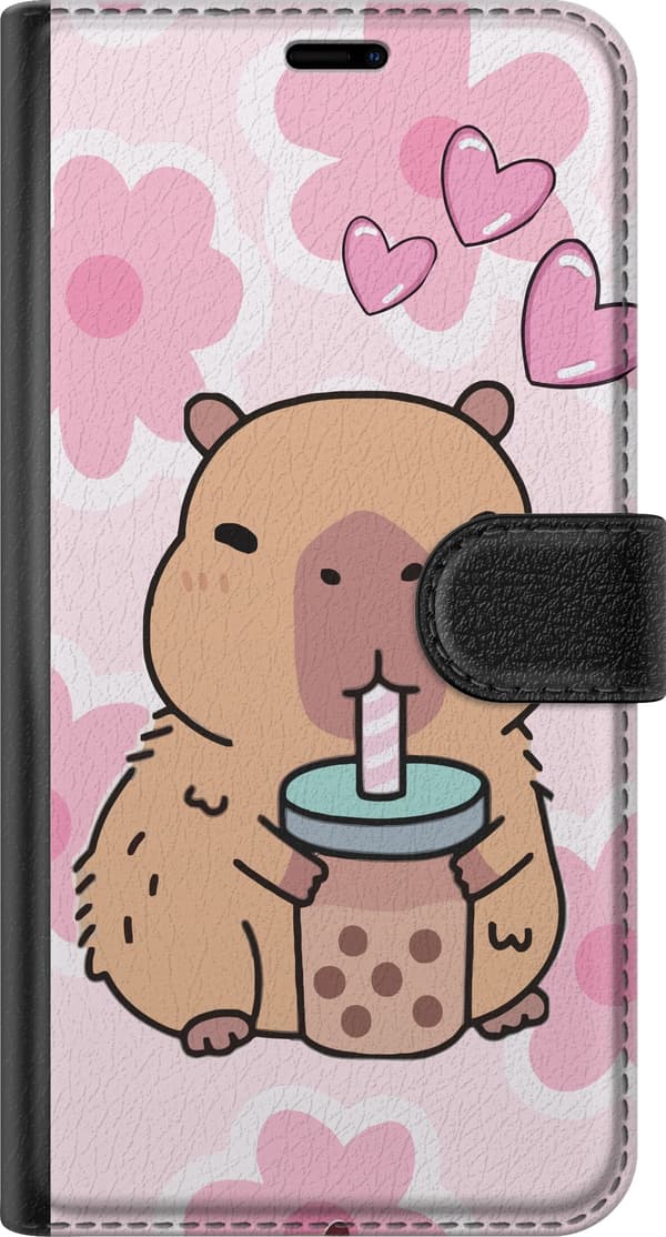 Kompatibel Tegnebogsetui til Apple iPhone 17 Sød kapybara, der drikker bubble tea med hjerter og lyserød blomsterbaggrund. pink