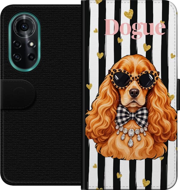 Kompatibel Tegnebogsetui til Huawei nova 8 Pro Brun spaniel med sorte solbriller og ternet sløjfe mod sorte og hvide striber brun