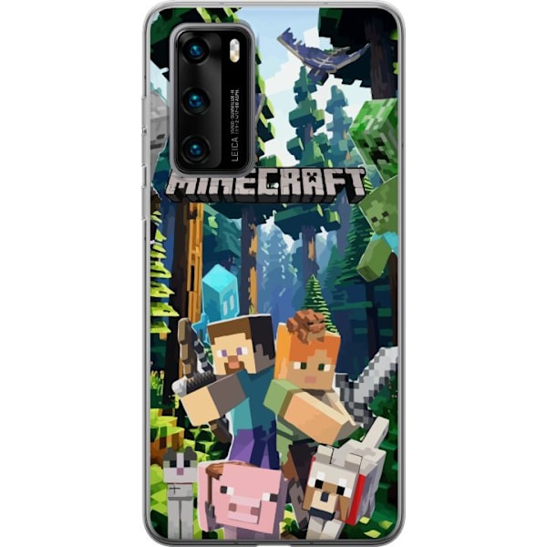 Huawei P40 Genomskinligt Skal Minecraft mobilskal med skog och figurer i pixelstil