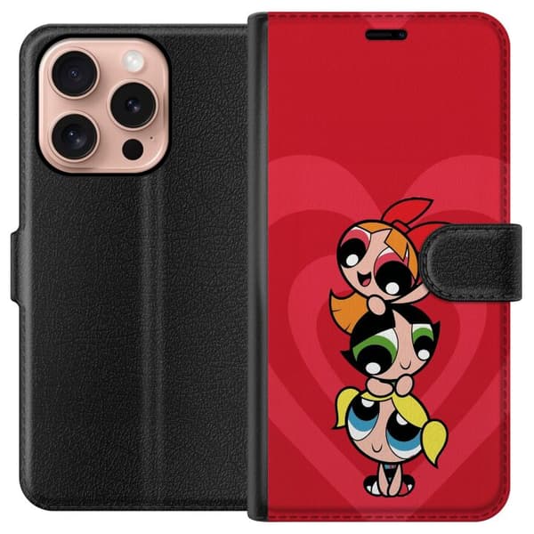Kompatibel Tegnebogsetui til Apple iPhone 16 Pro Powerpuff Pigerne sammen på en rød hjertebaggrund rød
