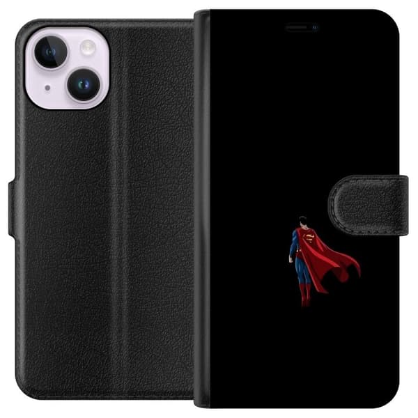 Kompatibel Tegnebogsetui til Apple iPhone 14 Minimalistisk motiv med flyvende superhelt i blåt og rødt mod sort baggrund sort