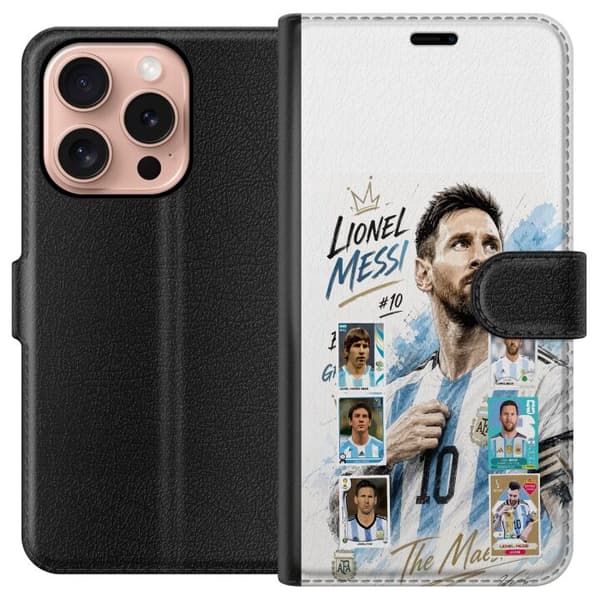 Kompatibel Tegnebogsetui til Apple iPhone 16 Pro Lionel Messi med argentinske farver og klassiske samleobjektkort i collage blå
