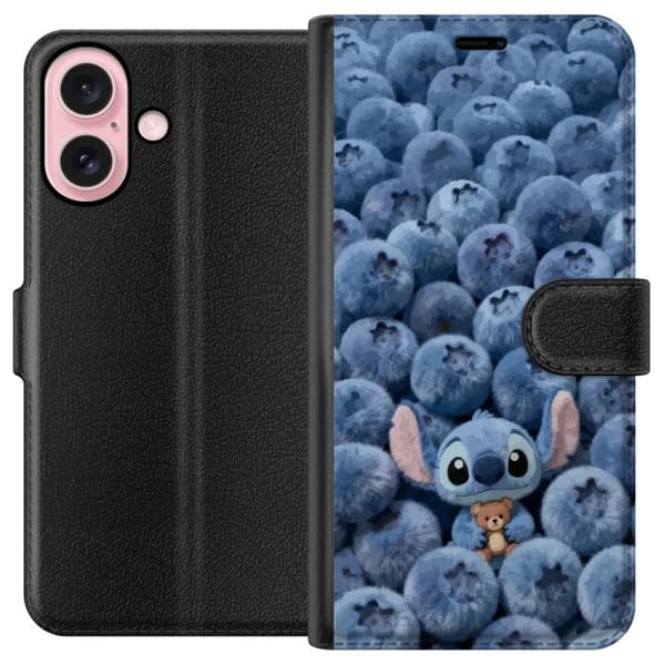 Kompatibelt Lommeboketui til Apple iPhone 16 Søt fluffy blå figur med liten bamse blant myke blåbær blå