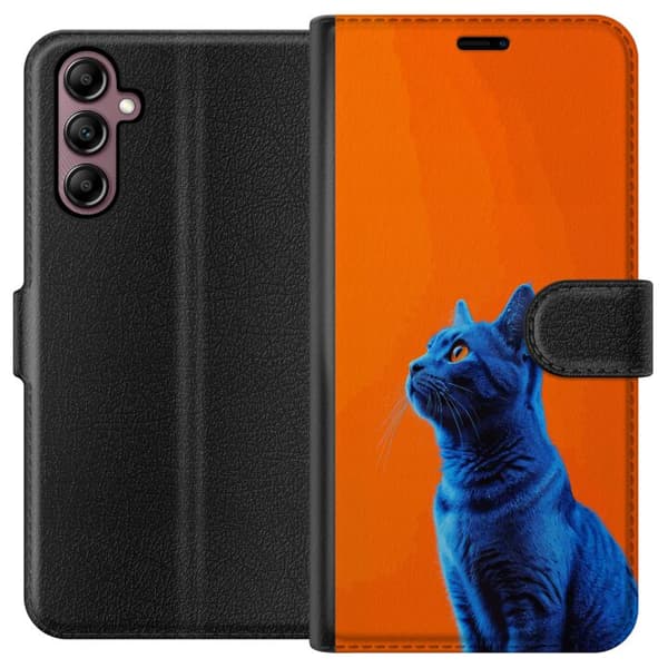 Kompatibel Tegnebogsetui til Samsung Galaxy A14 5G Blå kat med orange baggrund i moderne popkunststil blå