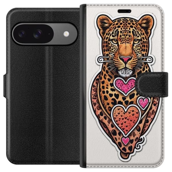 Kompatibel Tegnebogsetui til Google Pixel 9 Pro Illustreret leopard med lyserøde og orange hjerter, sorte pletter og dekorative detaljer orange