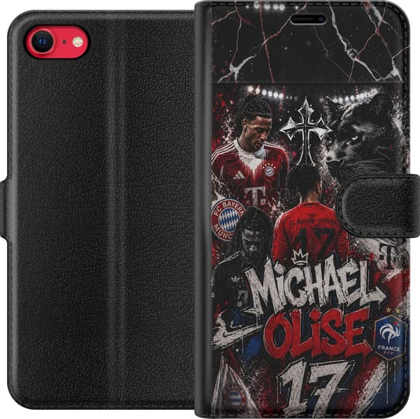 Kompatibel Tegnebogsetui til Apple iPhone 7 Michael Olise i en rød-sort collage med sort panter, stjerner og stor navnetekst sort