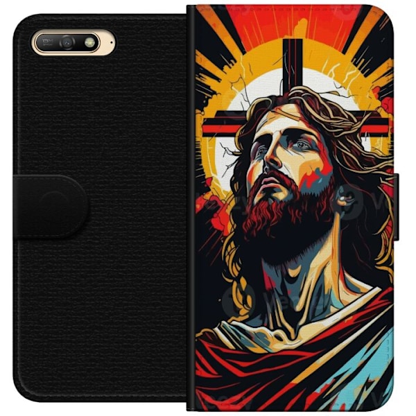 Huawei Y6 (2018) Lompakkokotelo Jeesus ja Kortti - uskonnollinen motiivi syvällä symboliikalla