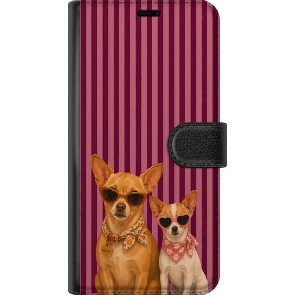 Kompatibel Tegnebogsetui til Apple iPhone 14 Plus To charmerende hunde med solbriller og tørklæder foran lyserøde og vinrøde striber pink