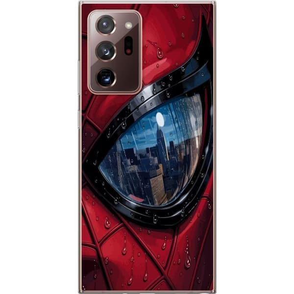 Kompatibelt Mobildeksel til Samsung Galaxy Note20 Ultra Nærbilde av Spider-Man-maske med regndråper og byrefleksjon i øyet rød