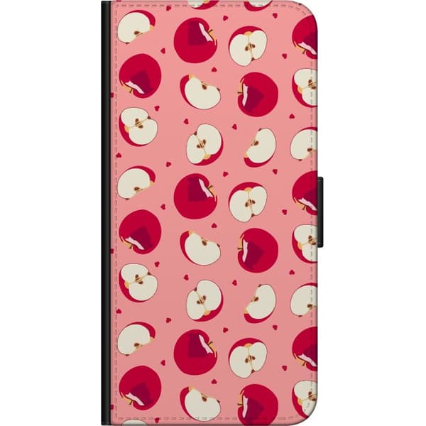 Kompatibelt Lommeboketui til OnePlus 9 Pro Røde epler, epleskiver og små hjerter på rosa bakgrunn, lekent fruktmønster rosa