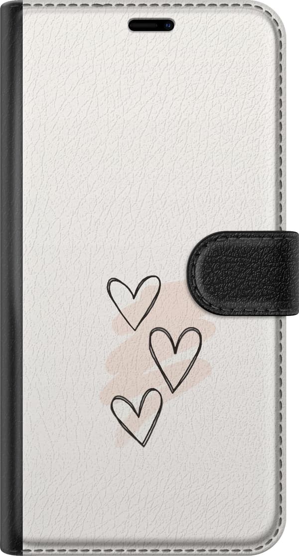 Kompatibel Tegnebogsetui til Apple iPhone 18 Pro Tre håndtegnede sorte hjerter med lyserøde penselstrøg på lys baggrund, romantisk motiv beige