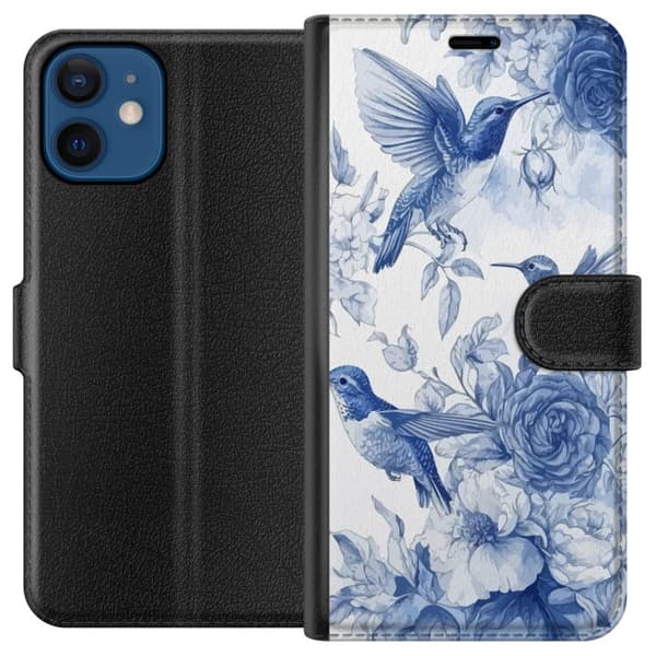 Kompatibel Tegnebogsetui til Apple iPhone 12 Fugle og blomster, blåt romantisk mønster